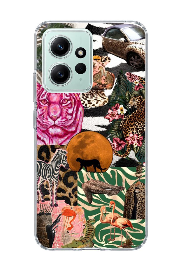 Redmi Note 12 4g Compatible Wild Animal Collage Printed Transparent Phone Case