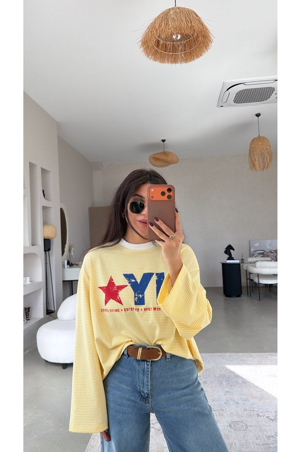 Yellow Striped Cotton Thin Ny Printed Basic