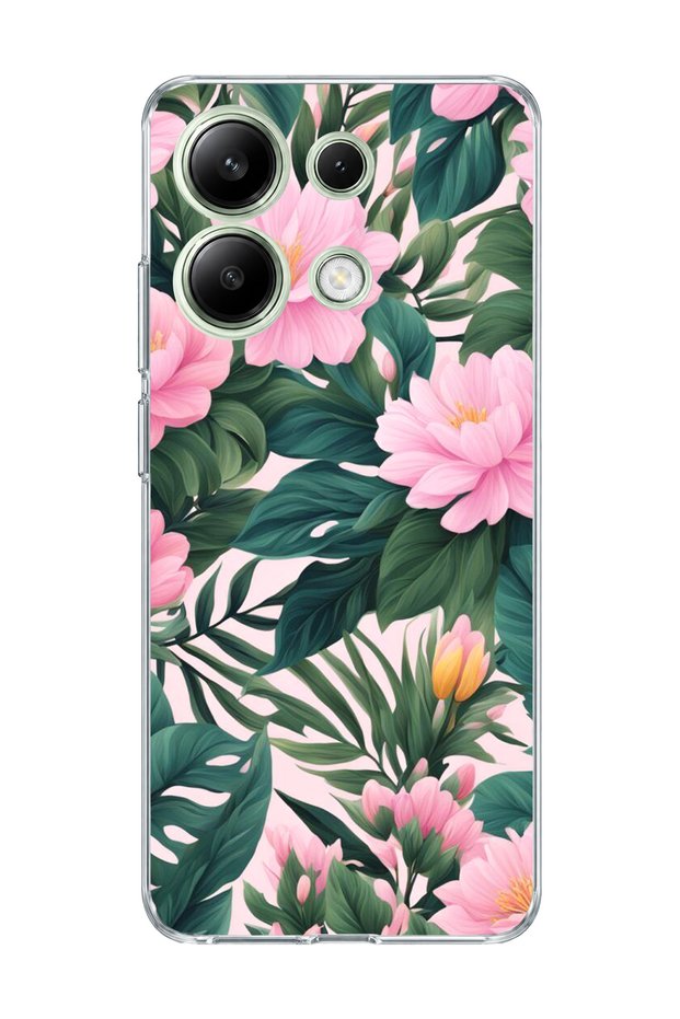 Redmi Note 13 4g Compatible Pink Flower Green Leaf Printed Transparent Phone Case
