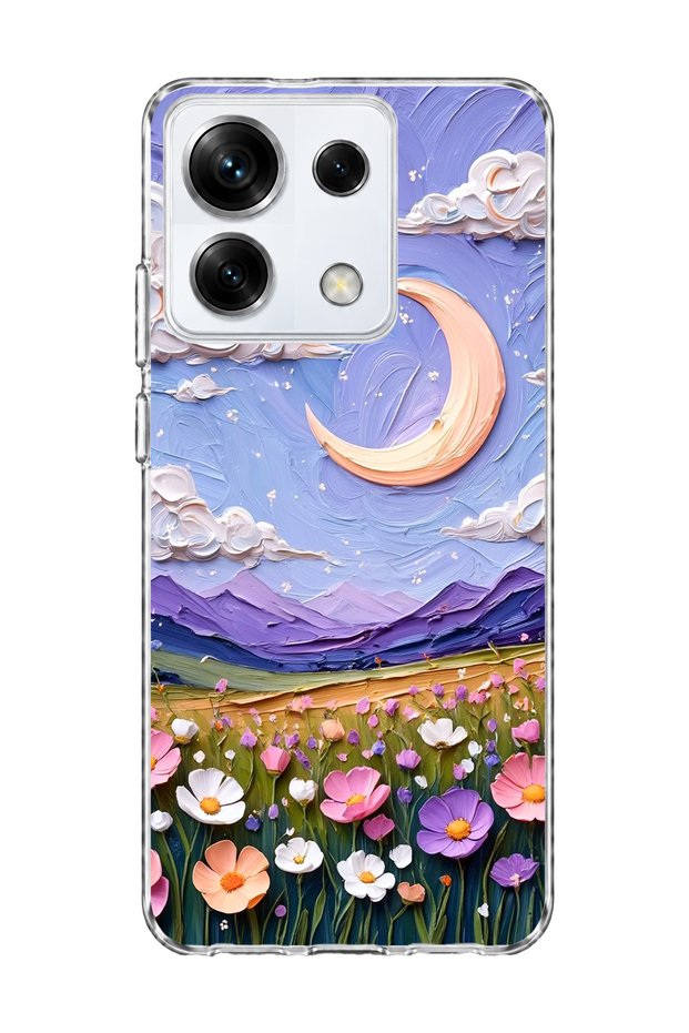 Redmi Note 13 Pro 5g Compatible Crescent and Flower Field Printed Transparent Phone Case