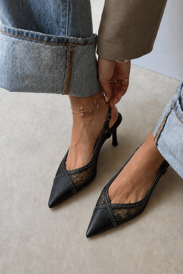 Satin Lace Stone Detailed Open Back Stiletto Women's Heeled Shoes - 042 - 360 - Black