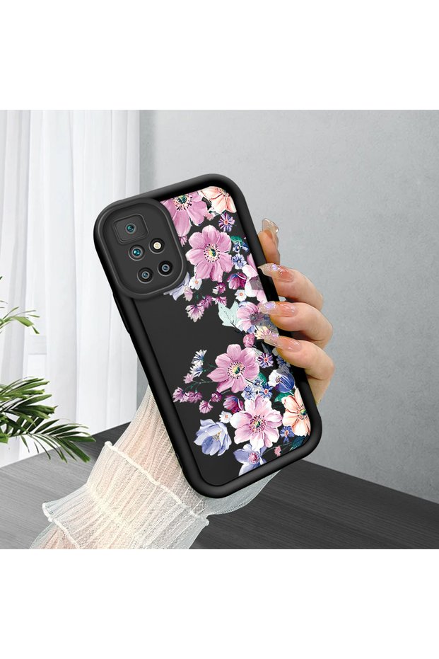 Redmi 10 2022 Compatible Black Silicone Camera Protected Shock Absorbing Protective Case with Flower Pattern