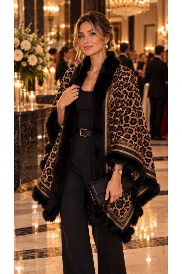 Brown Premium Faux Fur Leopard Pattern Woven Women's Poncho
