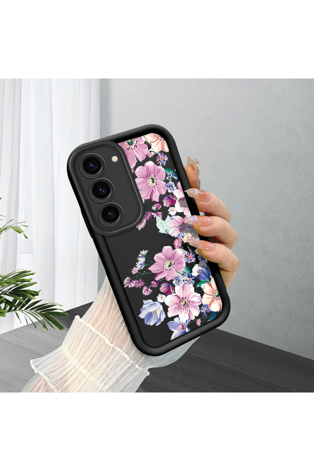 Samsung Galaxy S23 Compatible Black Silicone Camera Protected Shock Absorbing Protective Case with Flower Pattern