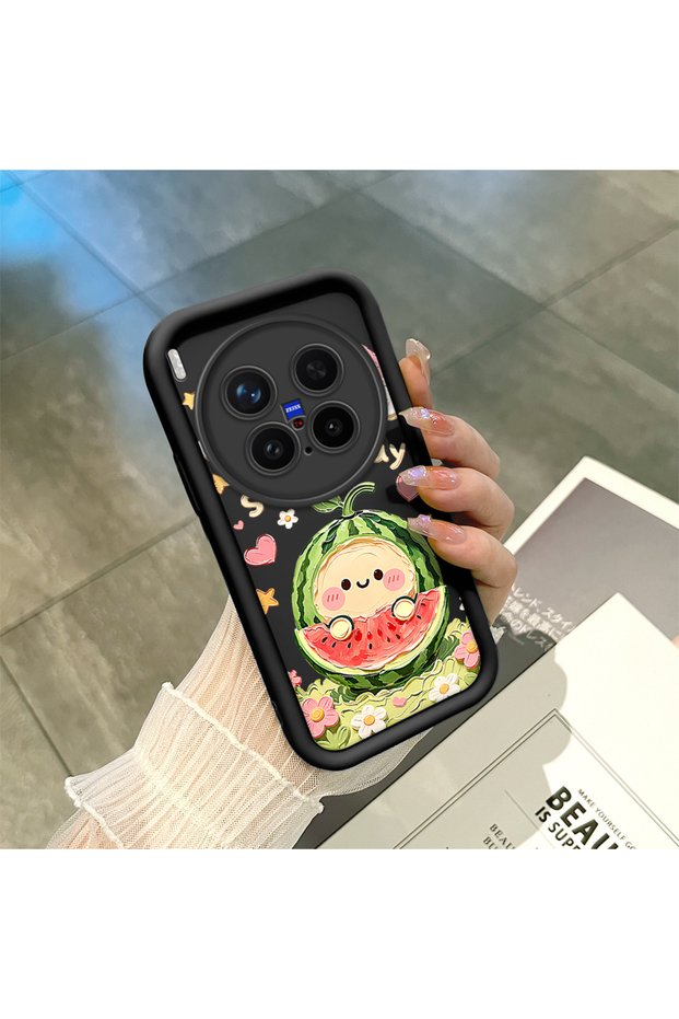 Vivo X300 Pro Compatible Black Silicone Camera Protected Shock-Absorbing Protective Case Watermelon and Rainbow Pattern