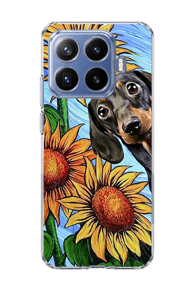 Mi 17t Pro Compatible Sausage Dog Sunflower Printed Transparent Phone Case