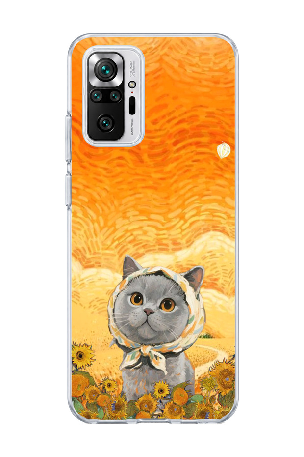 Redmi Note 10 Pro 4g Compatible Gray Cat Sunflower Printed Transparent Phone Case with Scarf
