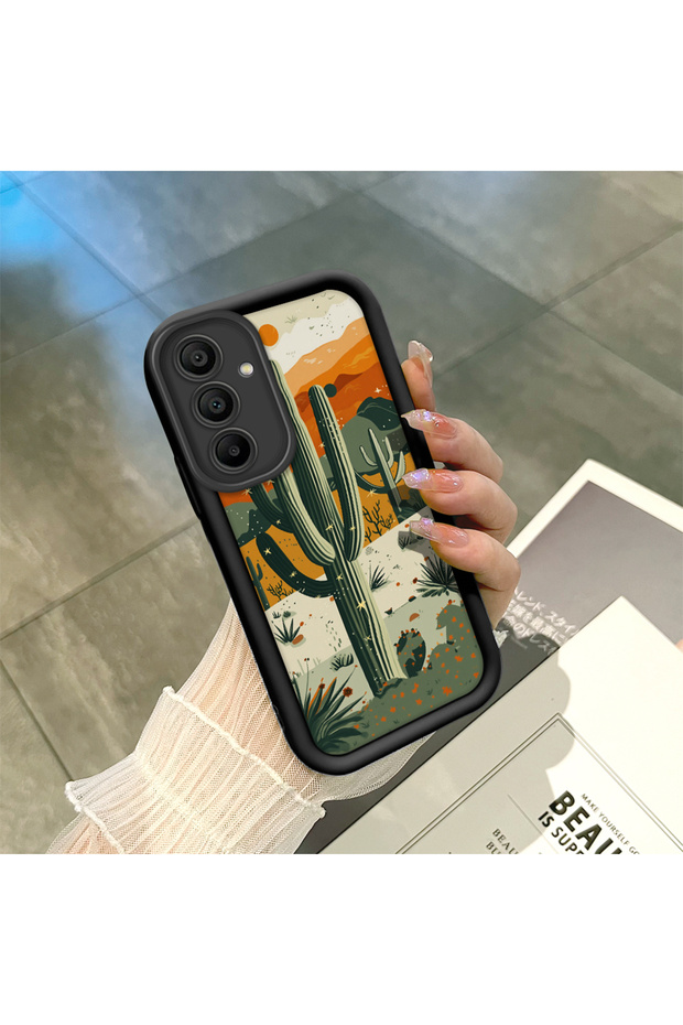 Samsung Galaxy A15 4G/5G Compatible Black Silicone Camera Protected Shock Absorbing Protective Case with Cactus Pattern