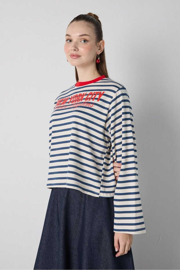 Women's Navy Blue Crop Wide Sleeve Oversize Printed Striped Sweatshirt 32078