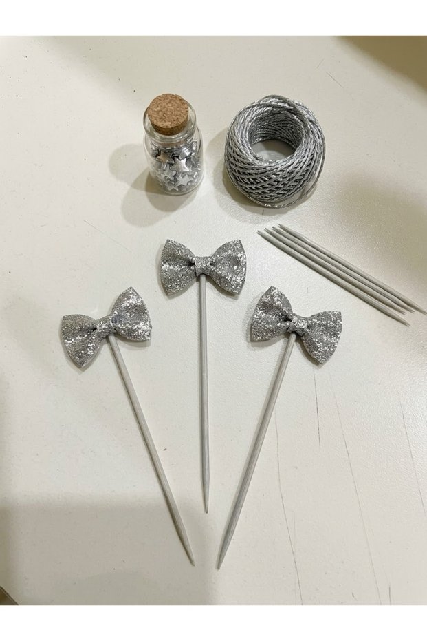 Silver Bow Tie Bow Long Toothpick 10 Pieces 16 cm
