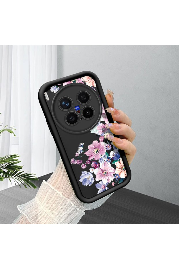 Vivo X300 Pro Compatible Black Silicone Camera Protected Shock-Absorbing Protective Case with Floral Pattern