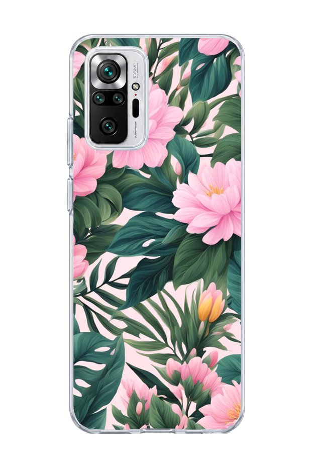 Redmi Note 10 Pro 4g Compatible Pink Flower Green Leaf Printed Transparent Phone Case