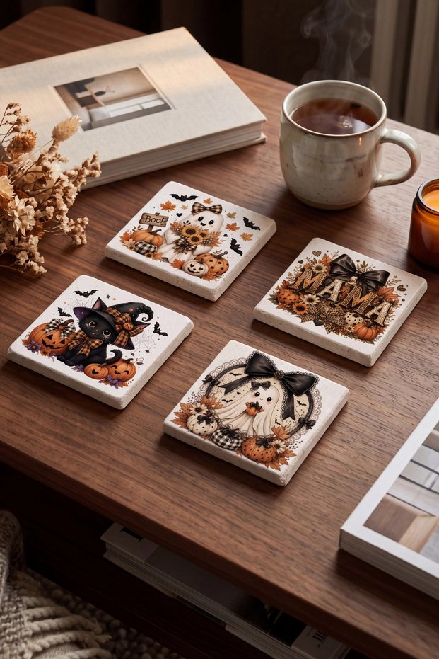 Cute Halloween Themed Halloween Natural Stone Travertine Coasters Set of 4