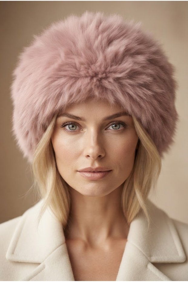 Women's Powder Pink Luxury Furry Soft Fur Winter Plush Cap Hat Russian Hat