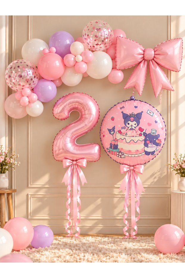 Party 2 Years Old Kuromi Themed Birthday Balloon Set with Bow Foil Balloons Pink Purple Party Decoration Set with Number Options for Ages 1-9