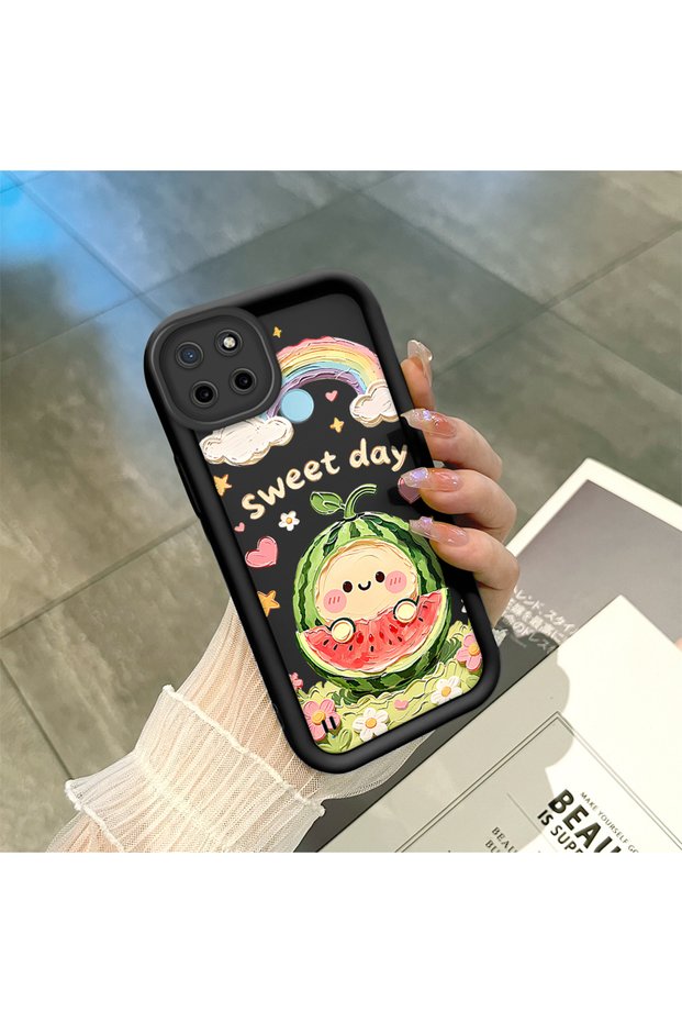 Realme C21Y/C25Y Compatible Black Silicone Camera Protected Shock-Absorbing Protective Case Watermelon and Rainbow Pattern