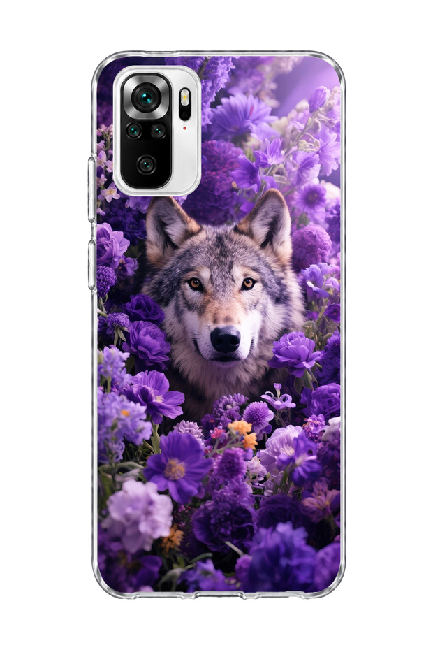 Redmi Note 10 / 10S Compatible Transparent Phone Case with Wolf and Purple Flower Print
