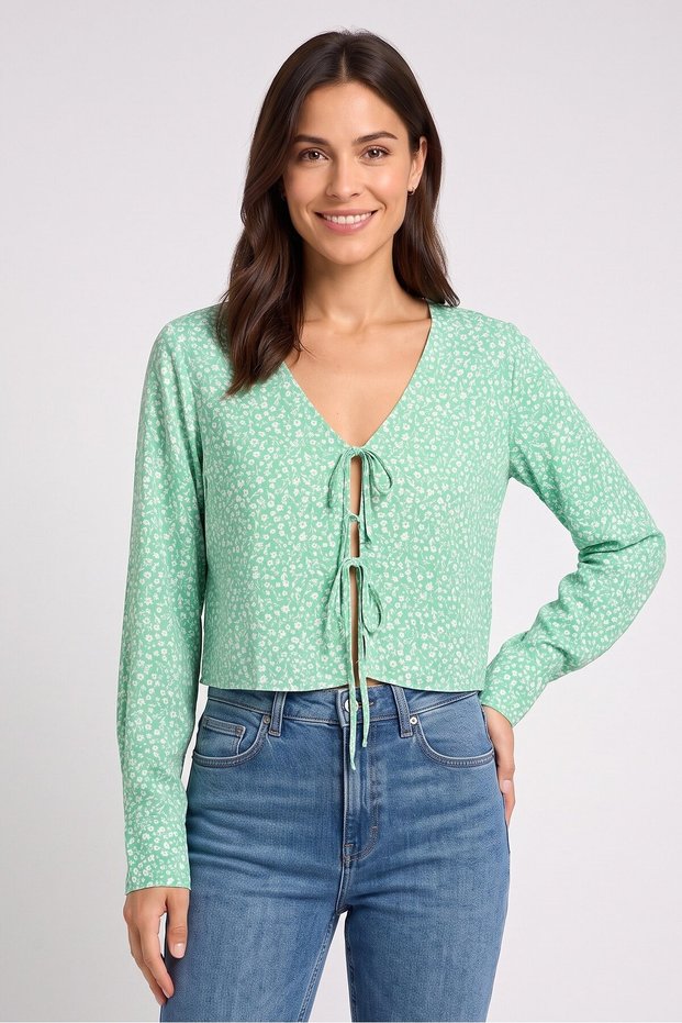 Jeans Women Tie Neck Long Sleeve Allover Print Crop Top, Multicolor