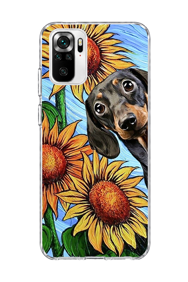 Redmi Note 10 / 10S Compatible Sausage Dog Sunflower Printed Transparent Phone Case