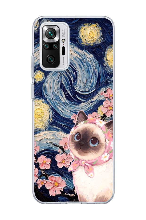 Redmi Note 10 Pro 4g Compatible Starry Night Siamese Cat Printed Transparent Phone Case