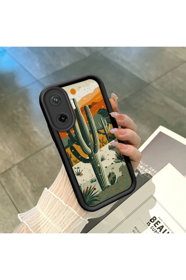 Poco F7 Compatible Black Silicone Camera Protected Shock Absorbing Protective Case with Cactus Pattern