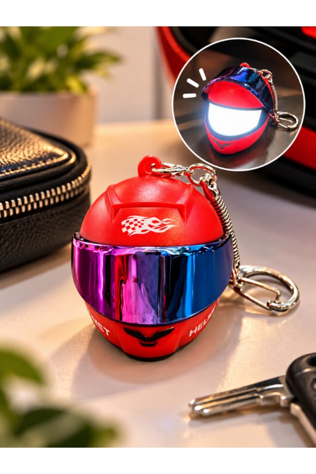 Motorcycle Helmet Design Lighted Keychain - Racing Helmet Figured Biker Keychain Accessory with Metal Ring