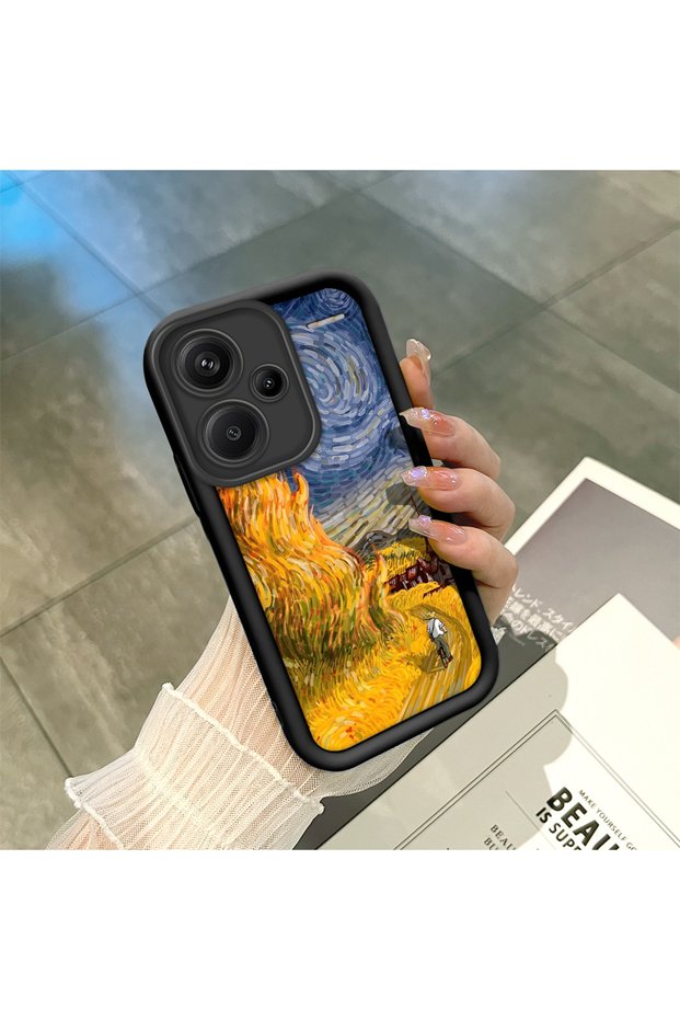 Redmi Note 13 Pro Plus+ 5g Compatible Black Silicone Camera Protected Shock-Absorbing Protective Case with Starry Oil Painting Pattern