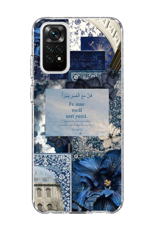Redmi Note 11 / 11S Compatible Navy Blue Flower Verse Printed Transparent Phone Case