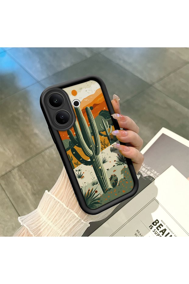 Vivo V60 Lite 4G/5G Compatible Black Silicone Camera Protected Shock-Absorbing Protective Case Cactus Pattern