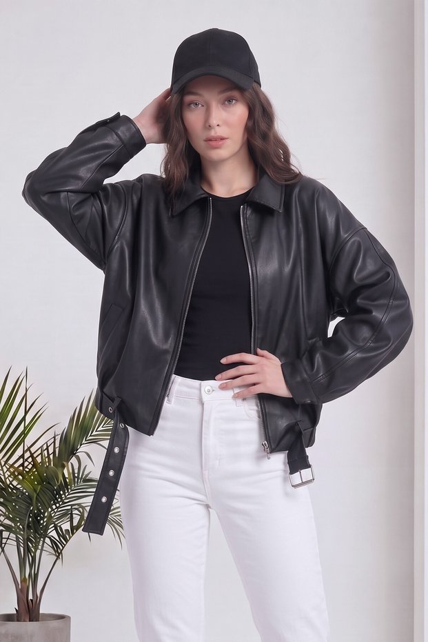 Women's Bomber Jacket Oversize with Waist Belt Faux Leather Brown, Black