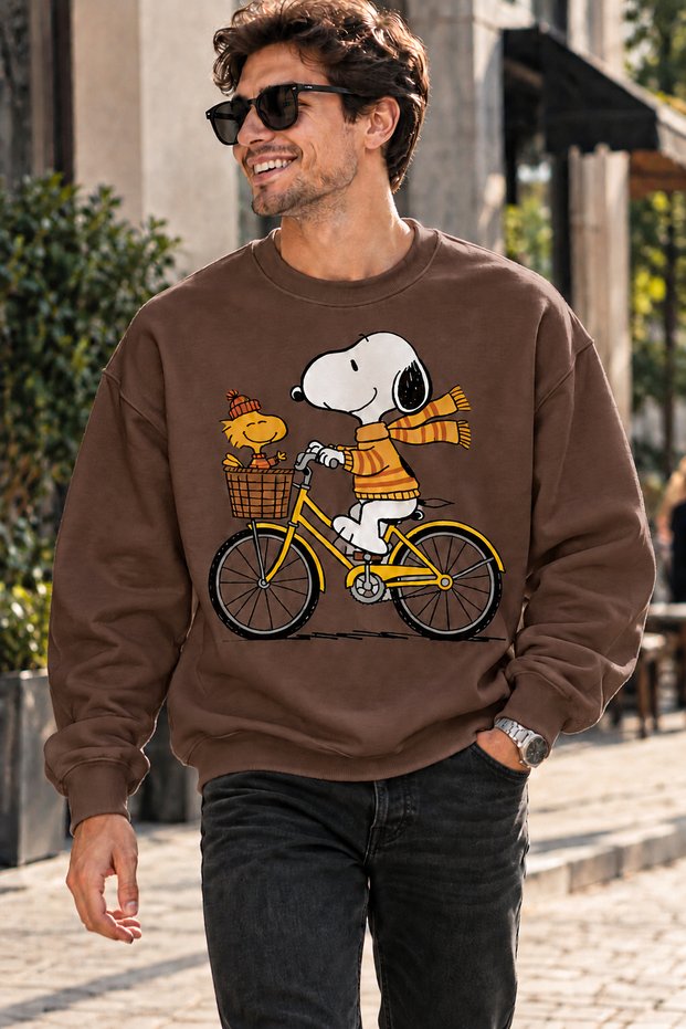 Snoopy and Woodstock on Bicycle Printed Unisex Oversize Sweatshirt – Crew Neck Casual Sweatshirt