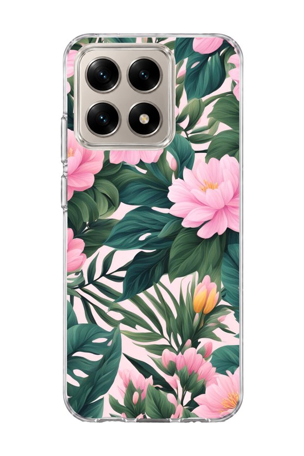 Mi 15t Compatible Pink Flower Green Leaf Printed Transparent Phone Case