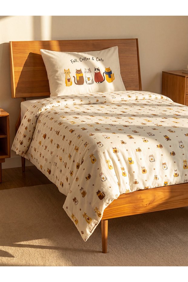 Renkli̇mağazadan Mixed Cat Patterned Cotton Single Duvet Cover Set