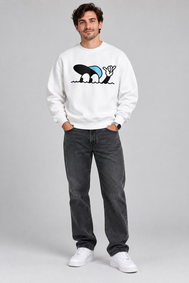 Blue Hat Fun Character Printed Men's Oversize Sweatshirt – Crew Neck Casual Sweatshirt