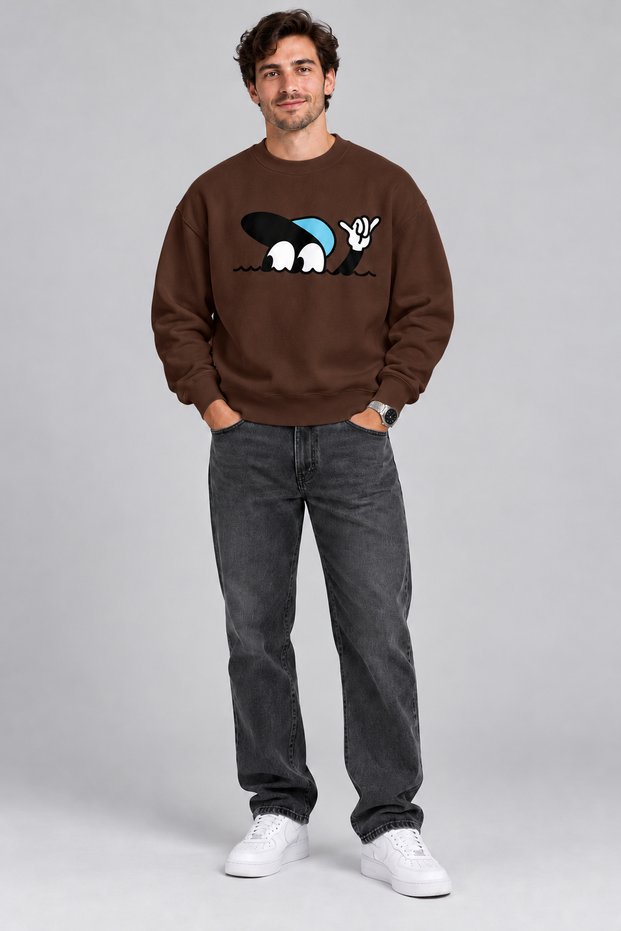 Blue Hat Fun Character Printed Men's Oversize Sweatshirt – Crew Neck Casual Sweatshirt