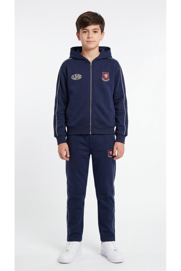 Top, Front and Back Printed, Zippered, Ornamental Emblem Boys' Bottom and Top Tracksuit Set
