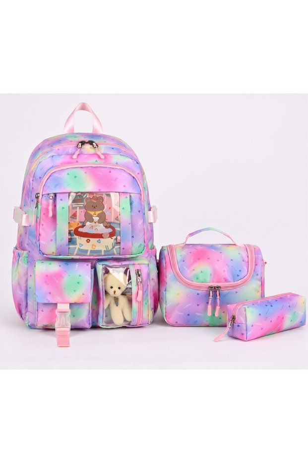 Korean Style Teddy Bear and Sweet Patterned Accessories Girls' Primary School Bag Thermal Lunch Bag and Pencil Case 3-Piece Set
