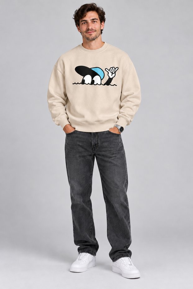 Blue Hat Fun Character Printed Men's Oversize Sweatshirt – Crew Neck Casual Sweatshirt