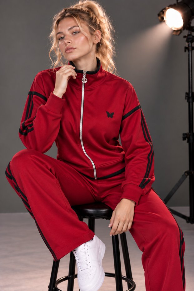 Burgundy Fabric No-Knee Stripe Detailed Zippered Soft Touch Tracksuit Set