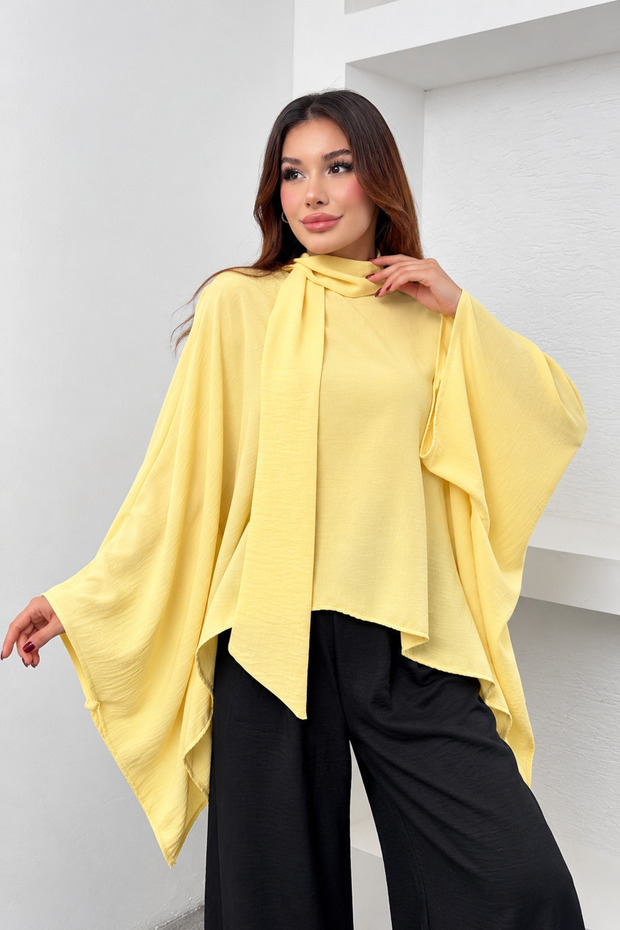 Women's Scarf Collar Asymmetrical Bat Sleeve Loose Poncho Blouse 6019 - Yellow