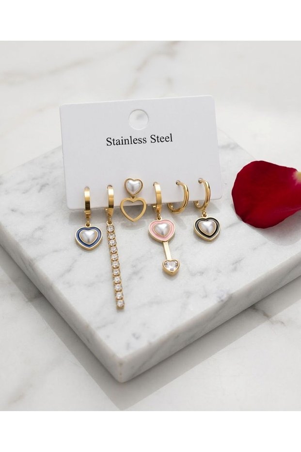 6-Piece Heart Pearl Enamel Detailed Steel Earrings