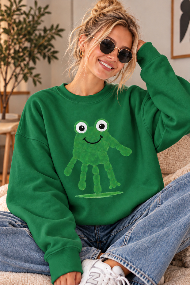 Handprint Cute Frog Printed Unisex Oversize Sweatshirt – Crew Neck Casual Sweatshirt