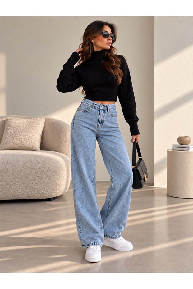 Buzkar Front-Detallated Side-Embellished Baggy Jeans Denim Pants