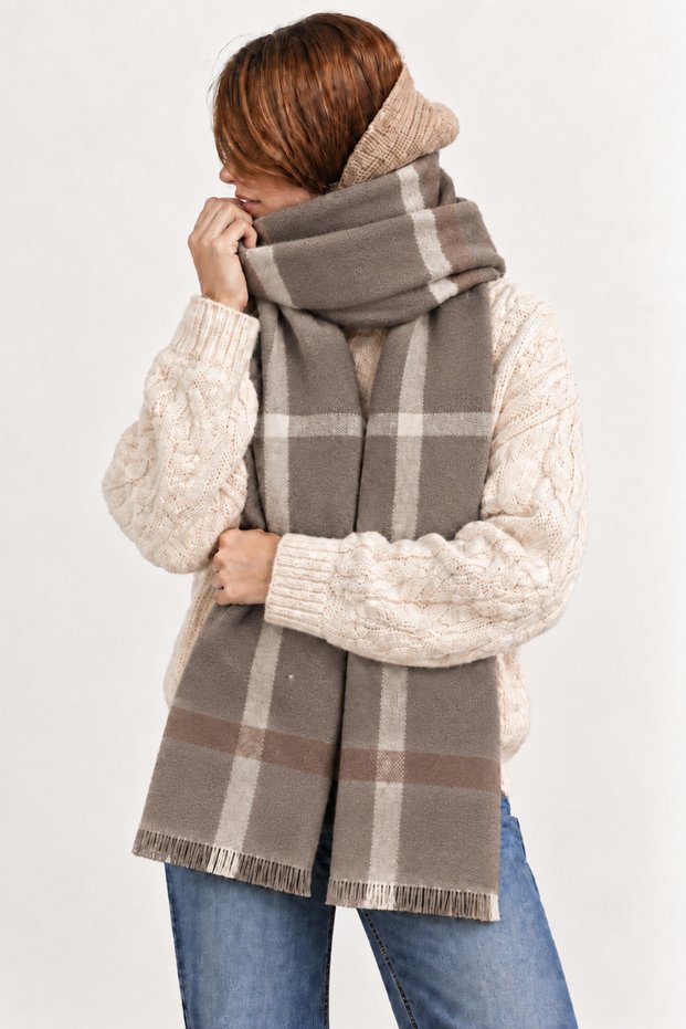 Women's Mink Ecru Plaid Oversized Shawl 180X65 cm Soft Textured Tasseled Winter Shawl Scarf – Shoulder Shawl