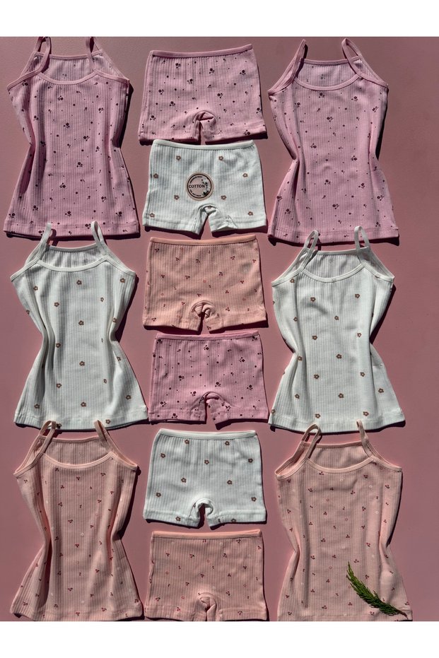Girl's Patterned Twill Fabric 6-Piece Cotton Undershirt and Shorts Set with Rope Straps
