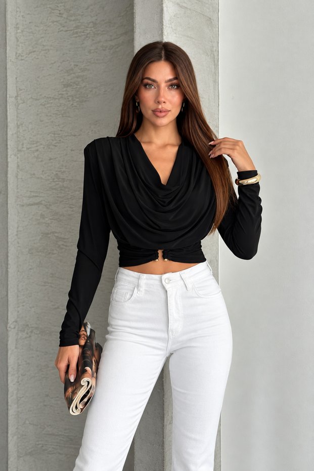 Black Sandy Fabric Draped Collar and Ruffle Design Long Sleeve Crop Blouse
