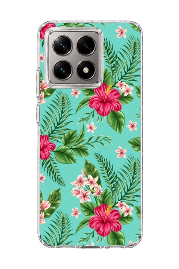 Mi 14t Compatible Turquoise Tropical Flower Printed Transparent Phone Case