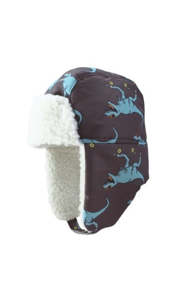 Waterproof Boys' Warm Beanie with Fur Inside Ski Snowboard Beanie Gray Blue Dino