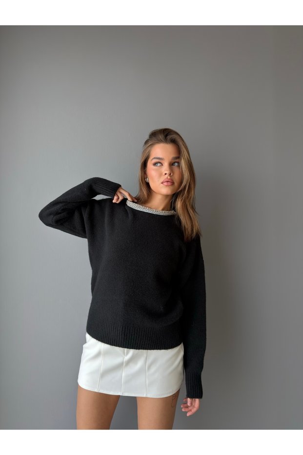 Stone Embroidered Collar Shawl Collar Soft Sweater