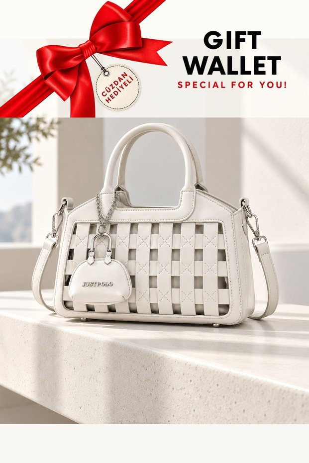 White Wallet, Women's Organ Patterned Hand and Shoulder Bag, Cross Strap, Premium Design, Lux Segment